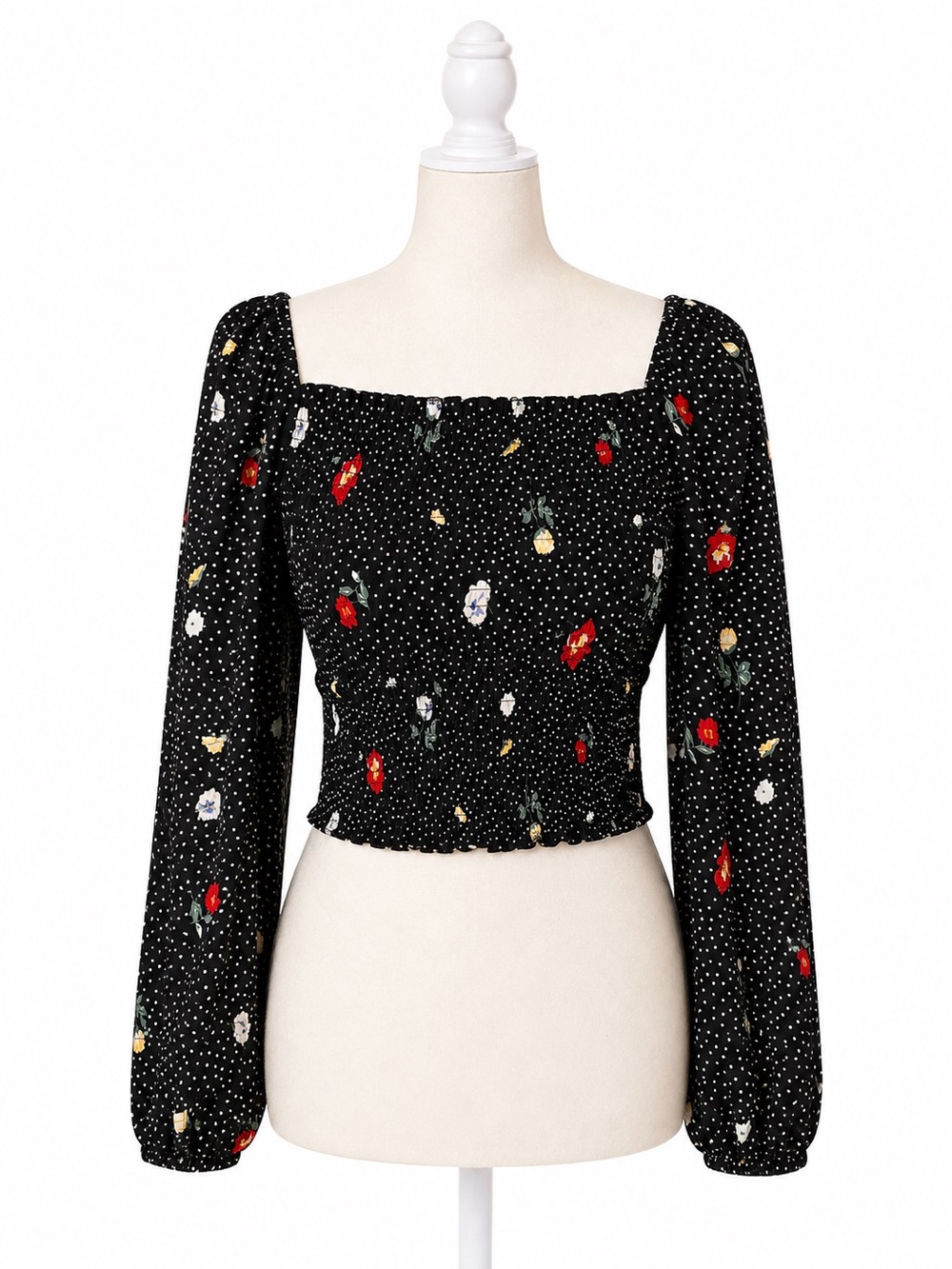 Abercrombie & Fitch Floral Polka Dot Crop Top Size Small Black Long Sleeve